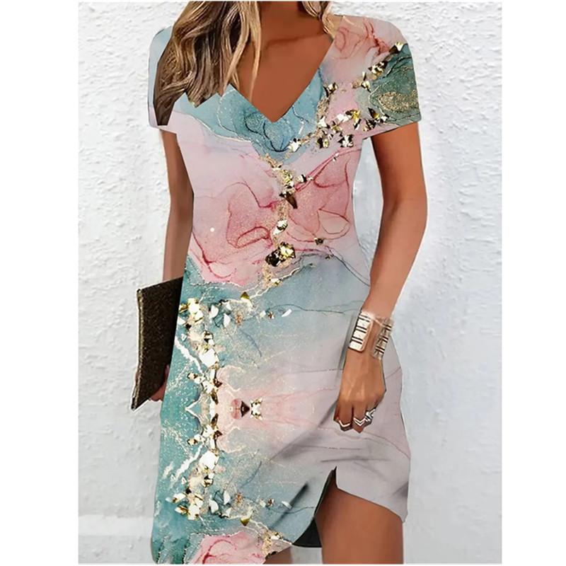 Women Short Sleeve V-Neck A-Line Dress Marble Pattern 3D Print Dress 2025 New Oversizd Casual Elegant Female Mini Dress Vestidos