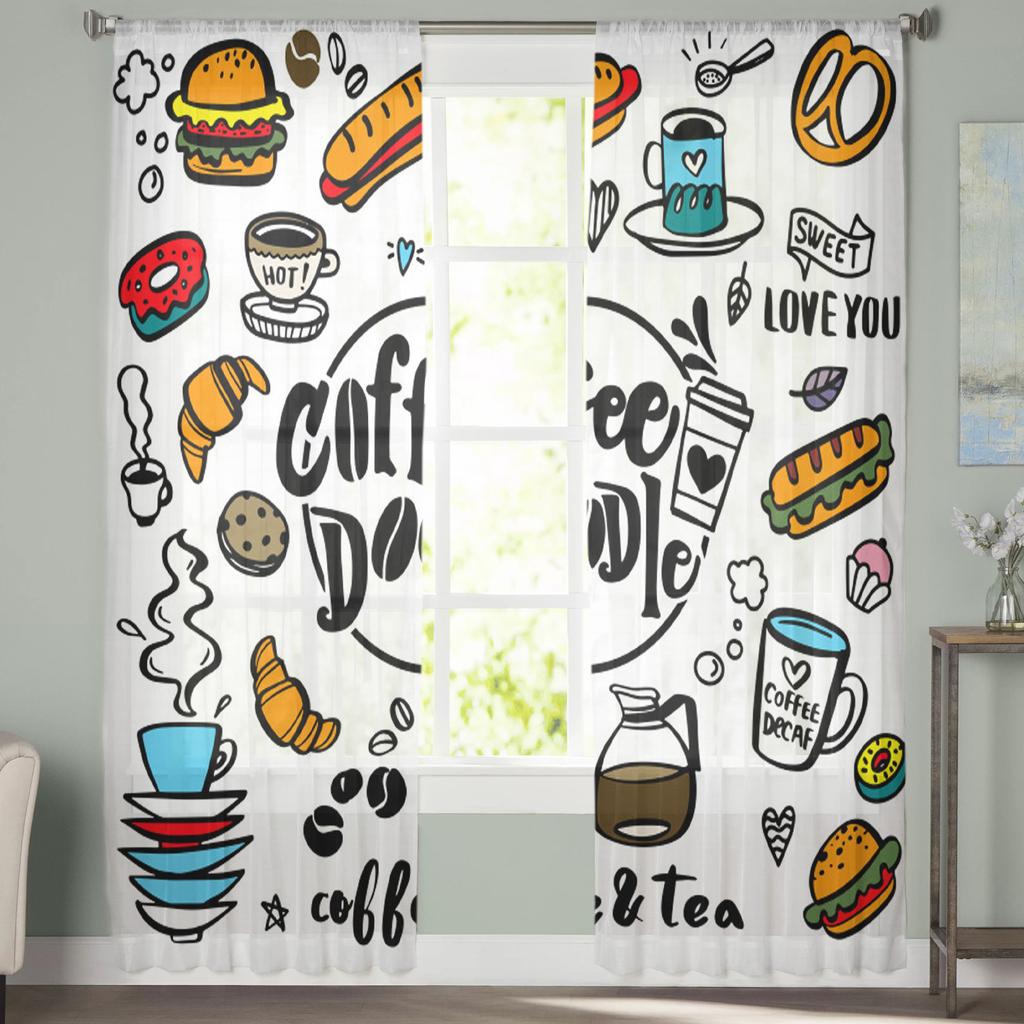 Cute Doodle Coffee Shop Coffee Tea Sheer Curtain For Bedroom Living Room Kitchen Window Voile Tulle Curtain