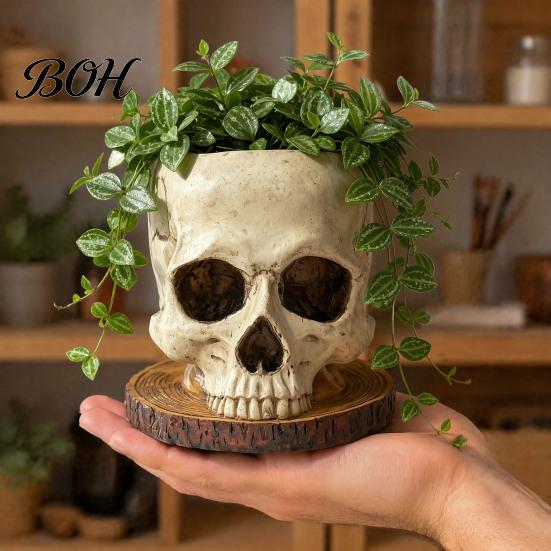 Skull Themed Art Halloween Retro Planter, Spooky Gothic Human Head Flower Pot, Indoor Potted Plant Pot Skeleton Candy Bowl Decoration for Tabletop