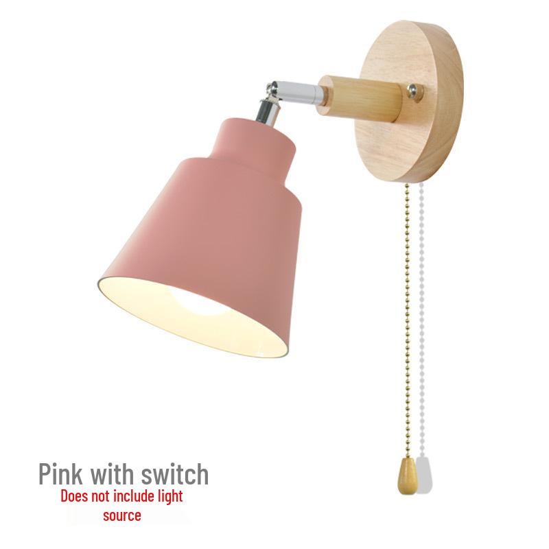 Modern Minimalist Nordic Macaron Bedside Wall Lamp with Wooden Pull Switch for Living Room or Restaurant Decor
