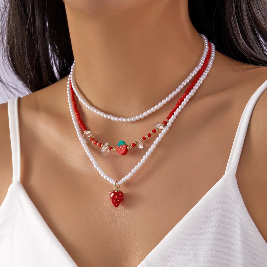 Romantic Heart Pearl Choker Necklace With Cherry And Strawberry Charms For Girls