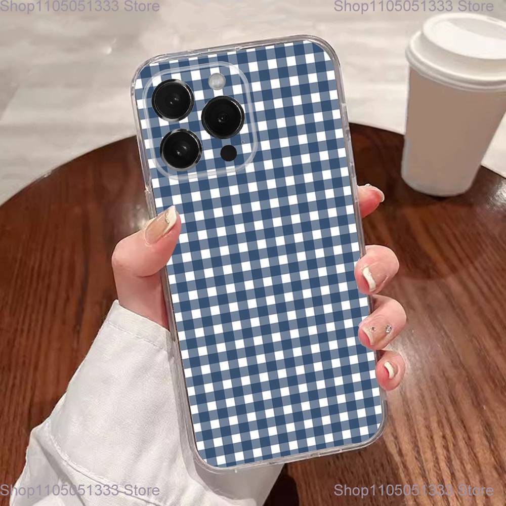 Ins Korean Blue Striped Grid Phone Case For iPhone 17,16,15,14,13,12,11 Plus,Pro,Max,XR,XS,Plus,E,SE4,Mini Transparent Cover