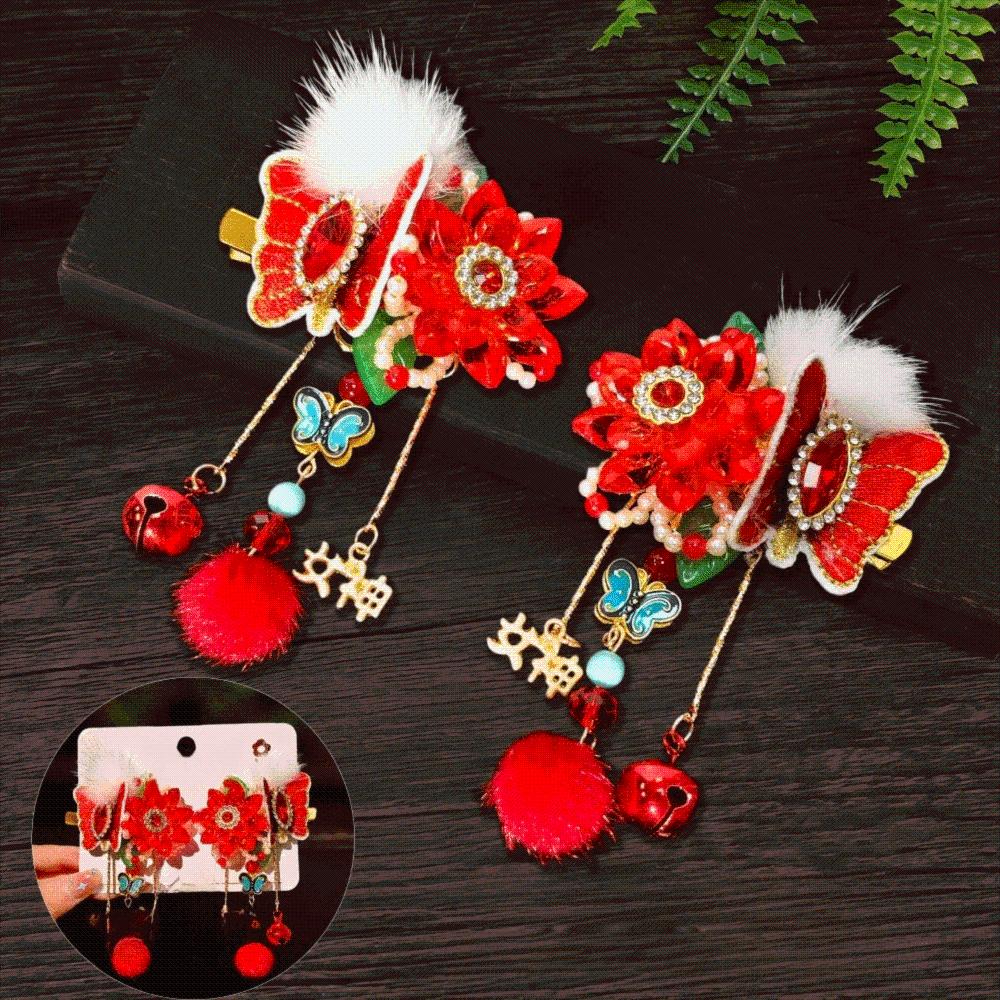 1 Pair Pearl Hanfu Red Hair Clips Chinese Style Bow Tassel Hairpin New Year Headwear  New Year Gifts