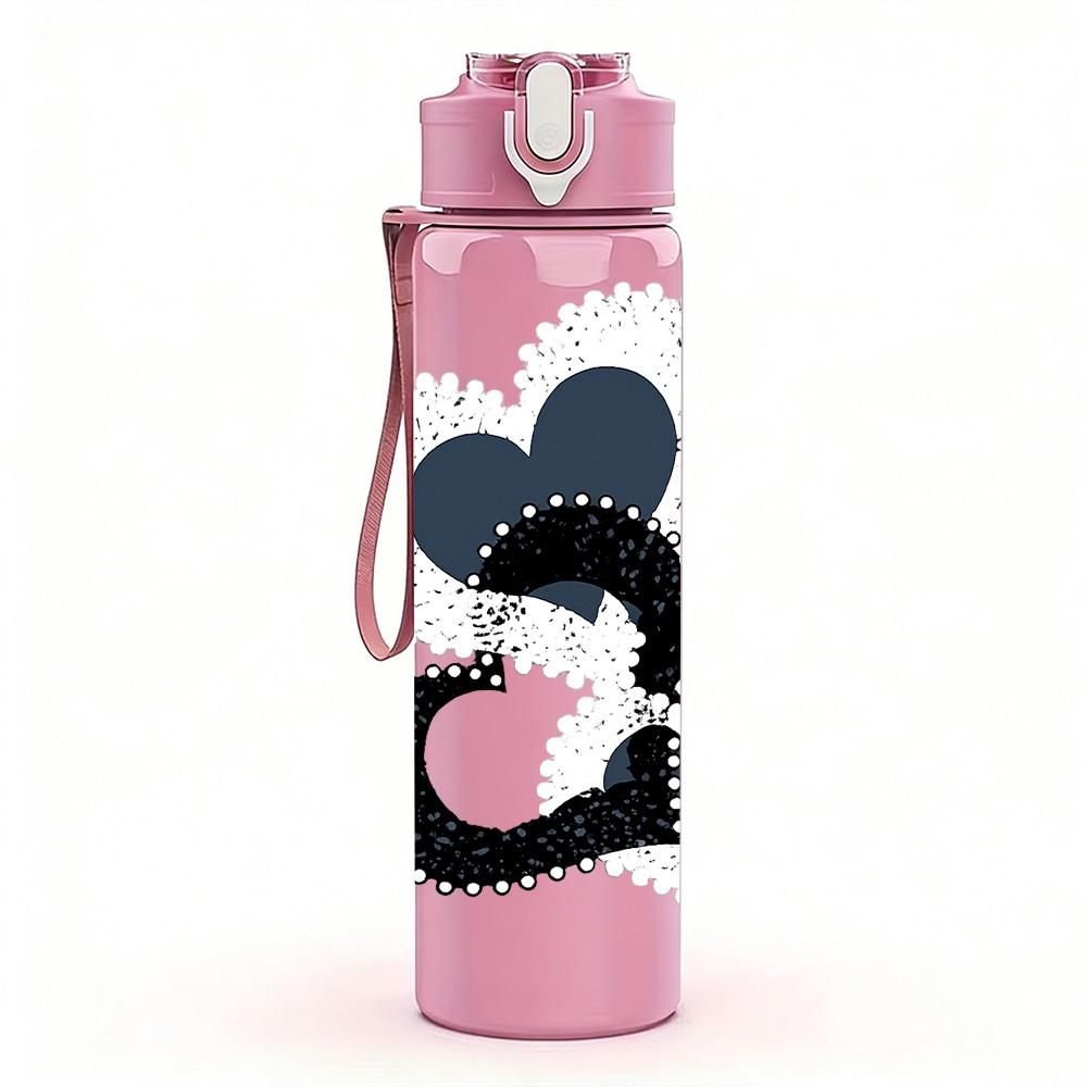 1PC Swirly Intertwined Black Heart Print 750ml Color Plastic Sports Water Bottle Leakproof Flip Straw Lid Suitable for Sports Office Home Use