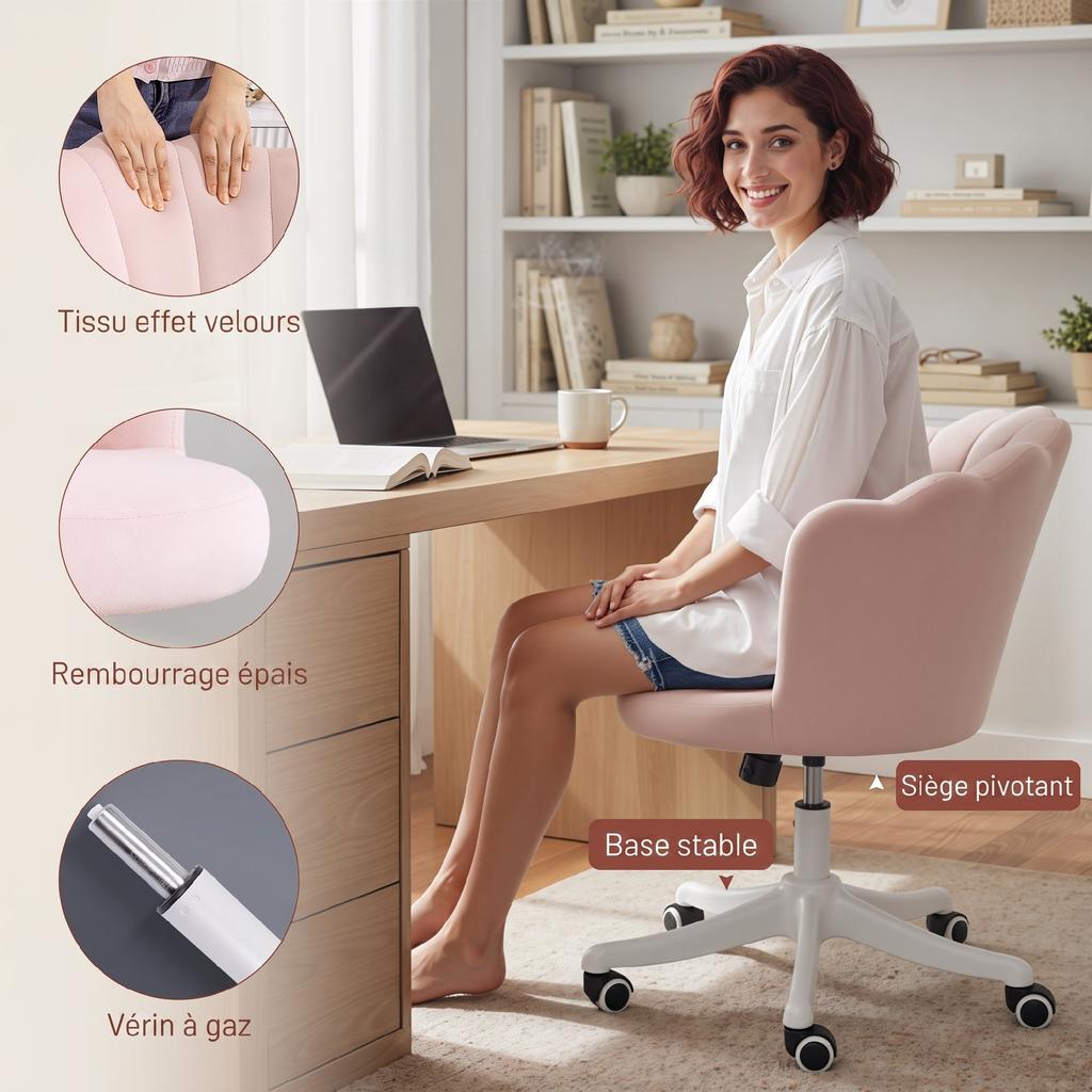 Velvet Office Chair, Dressing Chair, Petal Backrest, Adjustable Height, 69 x 64 x 80-90 cm, Pink
