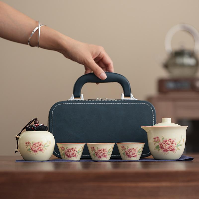 Ru-Brennofen Reise-Teegeschirr Tragbar Reichhaltige Pfingstrose Handgriffkanne Keramik Outdoor Camping Teetrinken