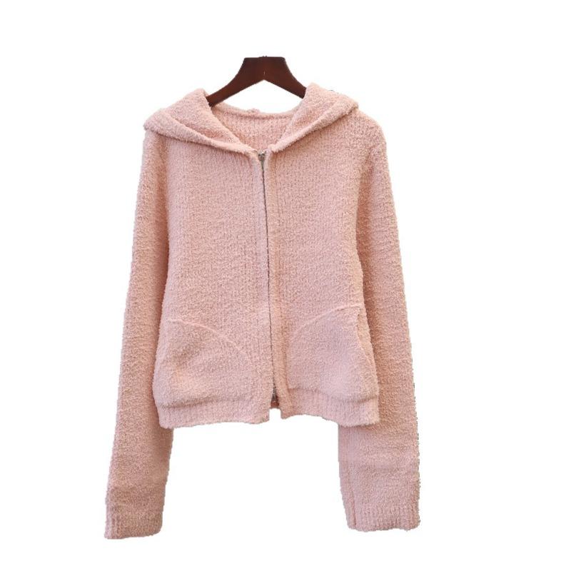 Autumn and winter new hooded double zipper knitted cardigan soft waxy short casual versatile temperament sweater jacket women