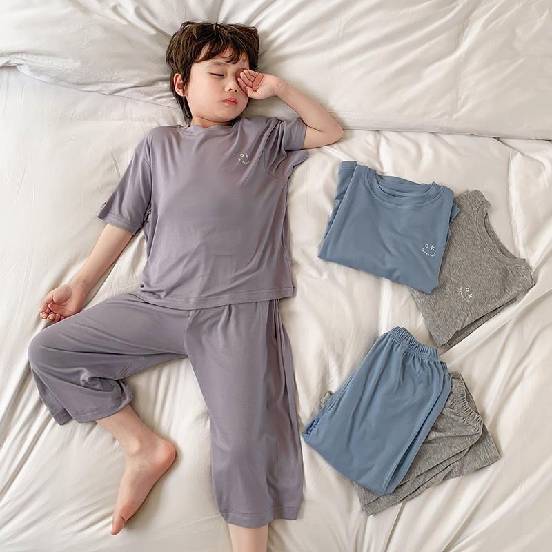 Summer Minimalist Boy Home Clothes Solid Color Loose and Comfortable Lightweight Sleepwear Casual Two-piece Set for Kids