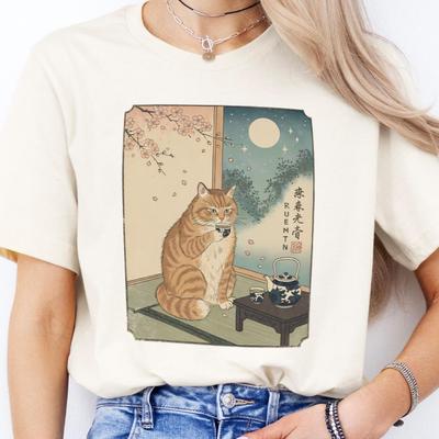 Ukiyo-e Cat Drinking Tea T-Shirt, Japanese Woodblock Art, Cottagecore Style