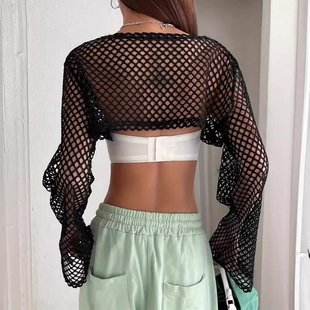 Mesh Solid Color Hollow Top Spring and Autumn Long-sleeved Hollow Ultra-short Casual T-shirt for Women