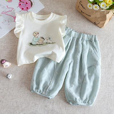 Ensemble 2 pièces T-shirt mignon à manches volantes et pantalon à volants avec nœud pour fille - Tenue d'été confortable pour bébé
