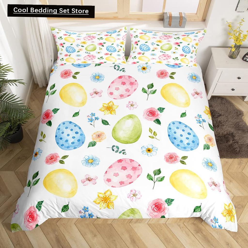 Watercolor Easter Eggs King Queen Bedding Set Happy Easter Themed Duvet Cover Toddlers Rainbow Easter Egg Polyester Quilt Cover