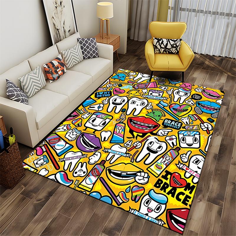 "Colorful Dental Icons with Cartoon Teeth Design. Non-slip Rug Suitable for Living Room and Bedroom Sofas."