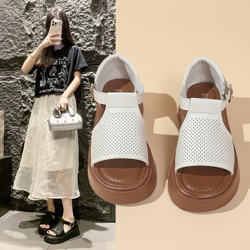 Fashion 2025Women'S Leather Upper Plus Size Sandals Open Toe Roman Thick Sole Flat Sandals Hollow Breathable Comfort
