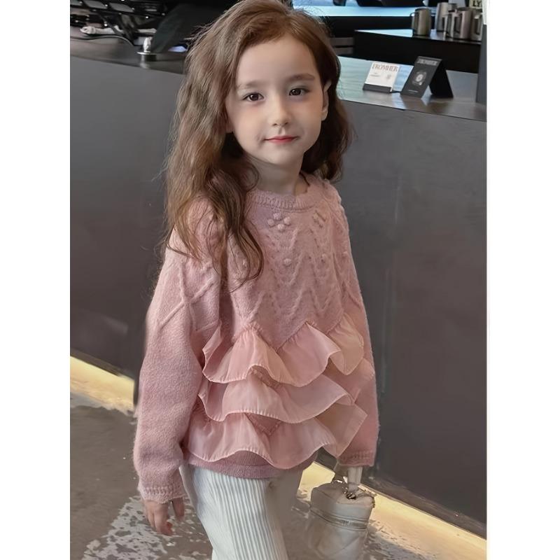 Girl's Knitted Sweater Dress: Soft Pink with Ruffled Hem, Perfect for Fall/Winter