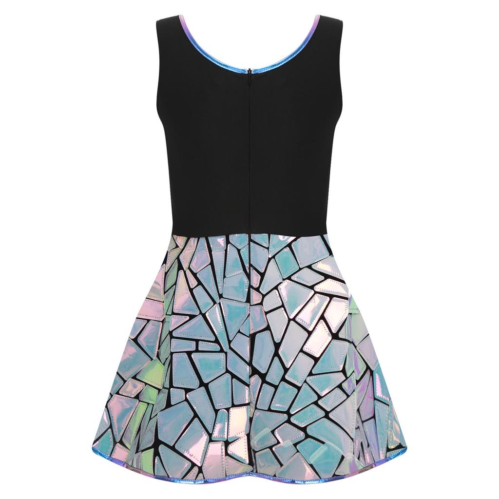 Damen Funkelndes Spiegelkleid Ärmellos A-Linie Kurz Club Bodycon Design Feierpartykleid