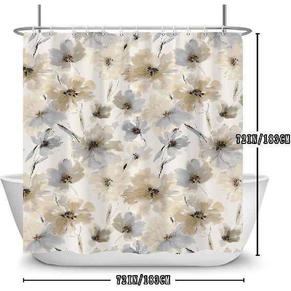 Yellow Gray Floral Shower Curtain,Beige Grey Flower Shower Curtain Set for Bathroom,Natural Watercolor Flower Fabric Bath Curtain with Hooks, 72x72in