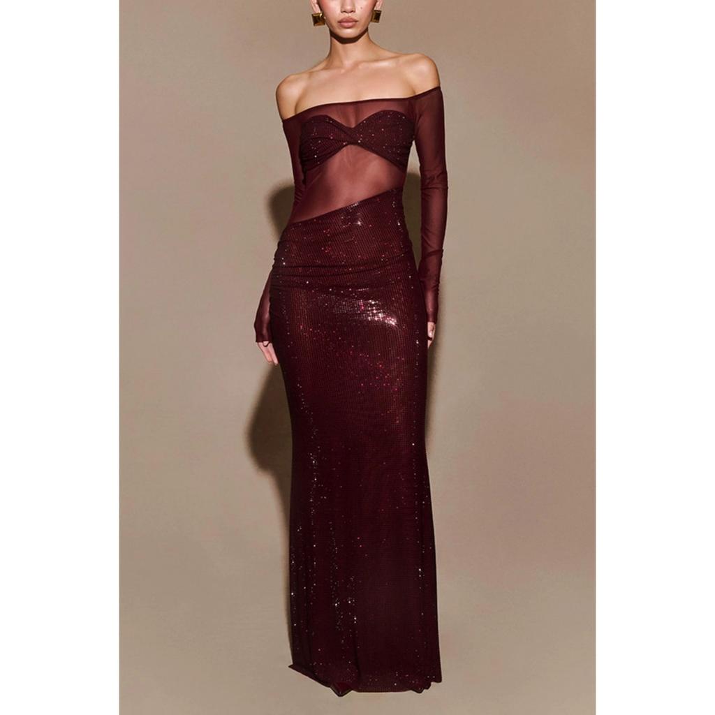 Women's Sexy Sheer One Shoulder Bodycon Long Evening Gown Dress for Party Dinner European American Style
