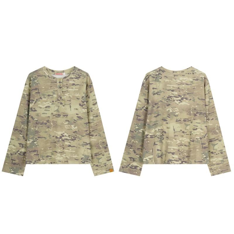 Magic Bear Vintage Camo Long Sleeve T-Shirt Waffle Knit Casual Top Retro Campus Tee