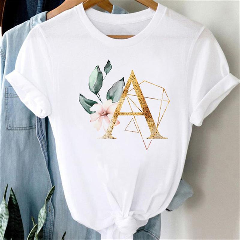 Custom Name Letter Combination Women T Shirt Floral Gold Letter Font A B C D Print Short Sleeve Tee Tops Female T-shirt Clothes