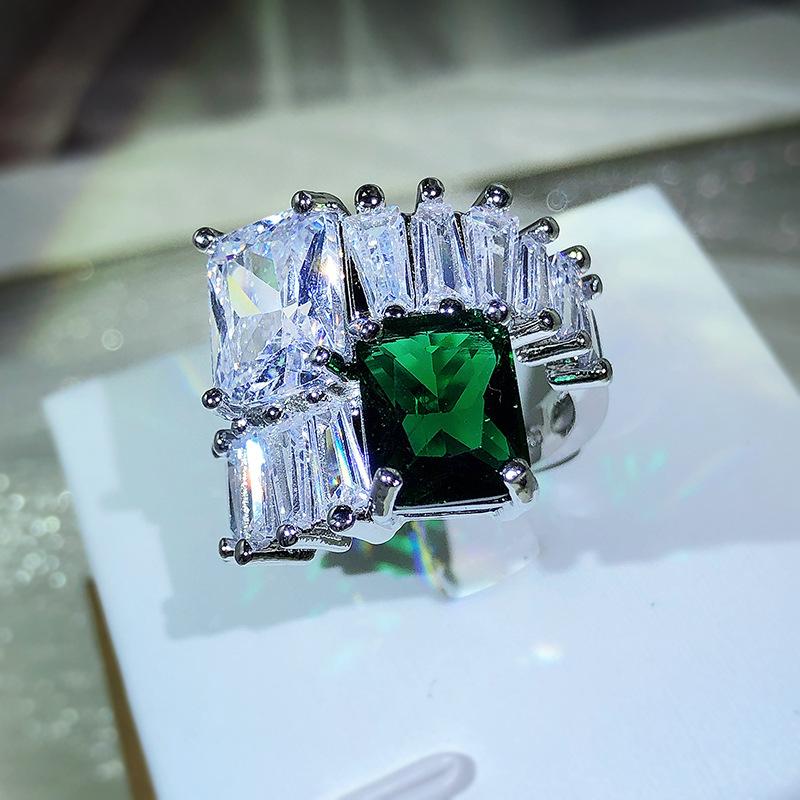 925 Silver Haute Couture Inlaid Emerald Zircon Square Princess Ring Micro Set Diamond Engagement Open Ring Party Gift