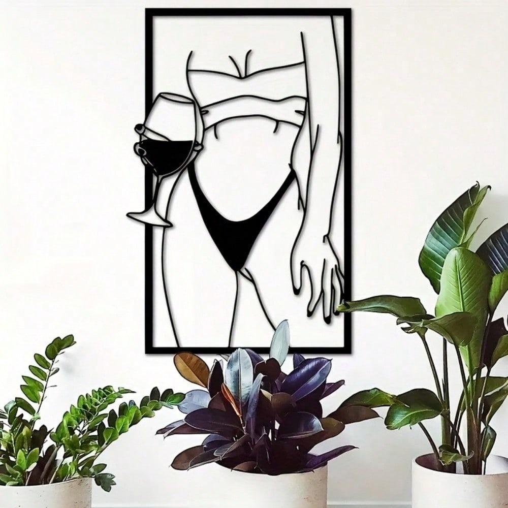 1 Piece Of Metal Wall Art Featuring A Woman And Wine - With A Black Silhouette Design