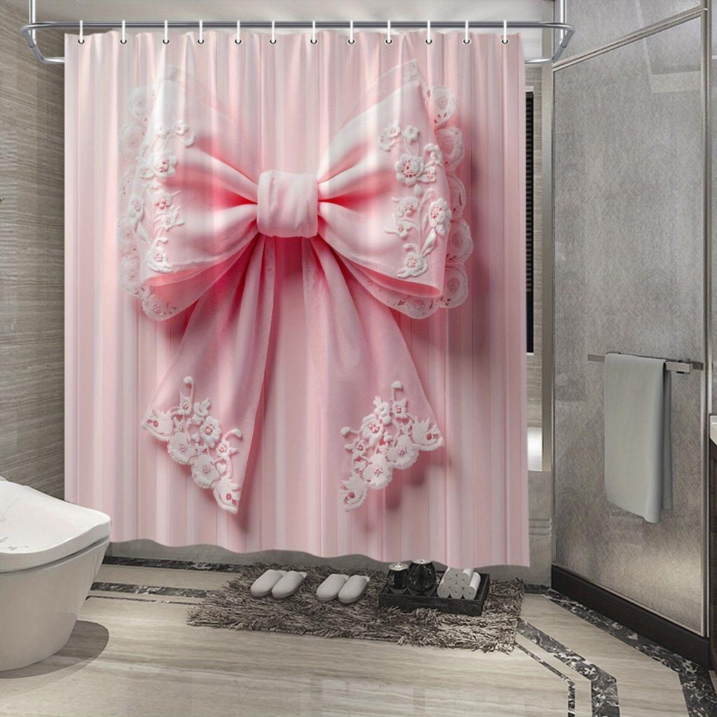 1Pc Vintage Bridal Shower Curtain - Elegant Pink Bow With White Lace Embroidery, Polyester Fabric Bathroom & Patio Decor