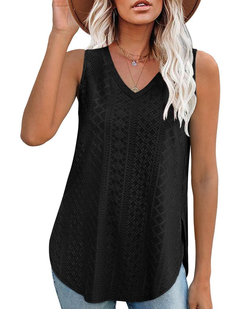 2025 Damen Sommer Top V-Ausschnitt Weste Ärmellos Lochstickerei Jacquard Top Lässige Weste Seitenschlitz T-Shirts Für Damen Stricktop