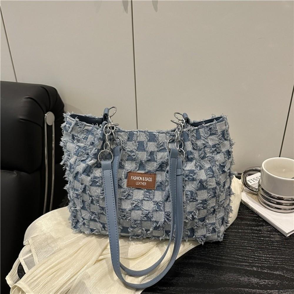 Plaid Women's Tote Bag Beggar Style Commuting Bags Korean Denim Shoulder Bags Ladies