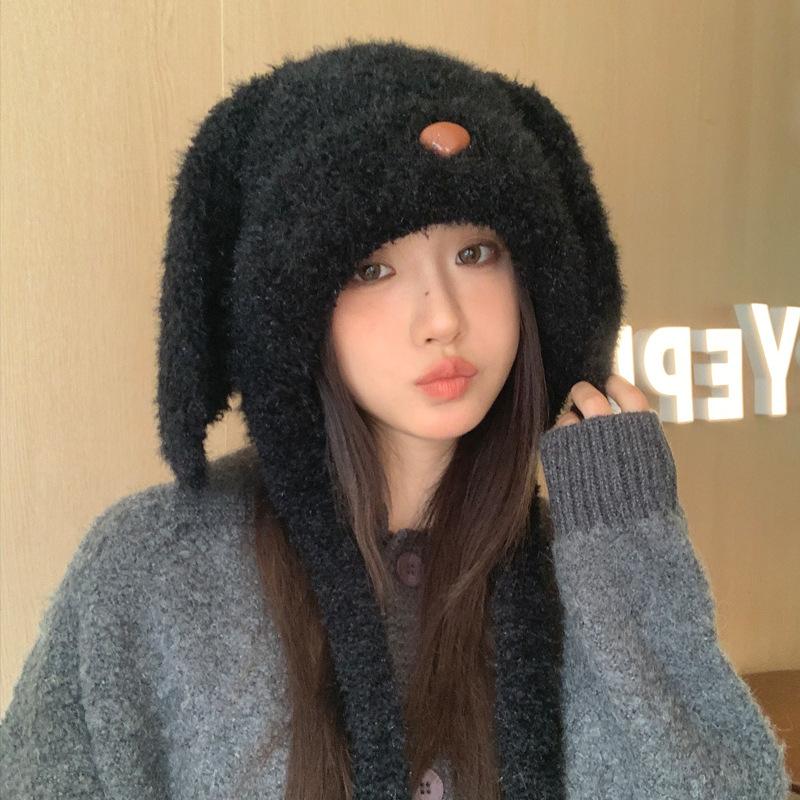 Winter Hat Female Long-eared Rabbit Velvet Thermal Hat Ear Protector Cute Fashionable Versatile Knitted Fluffy Hat