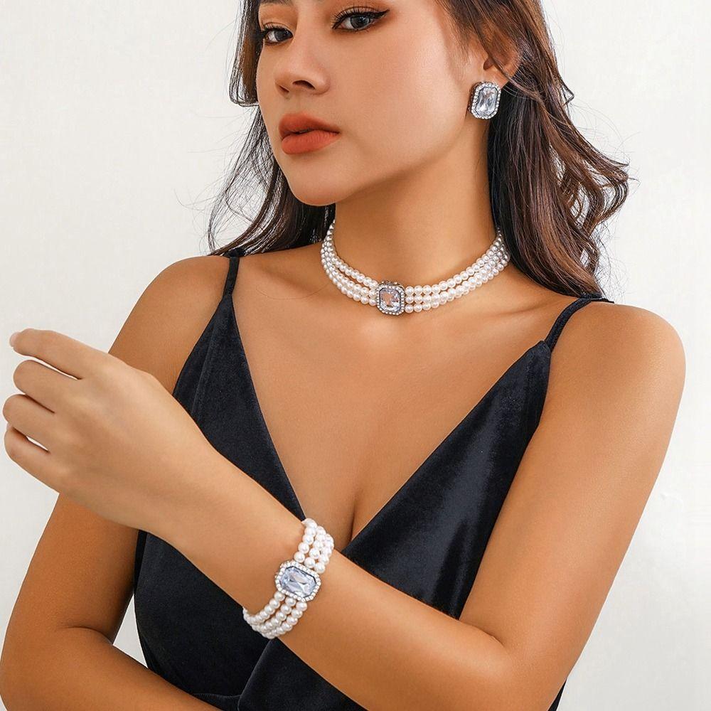 Rhinestones Pearl Jewelry Sets Multi-layer Imitation Gem Necklace Bracelet Earring Set Luxury Gifts Bridal Jewelry Sets Women