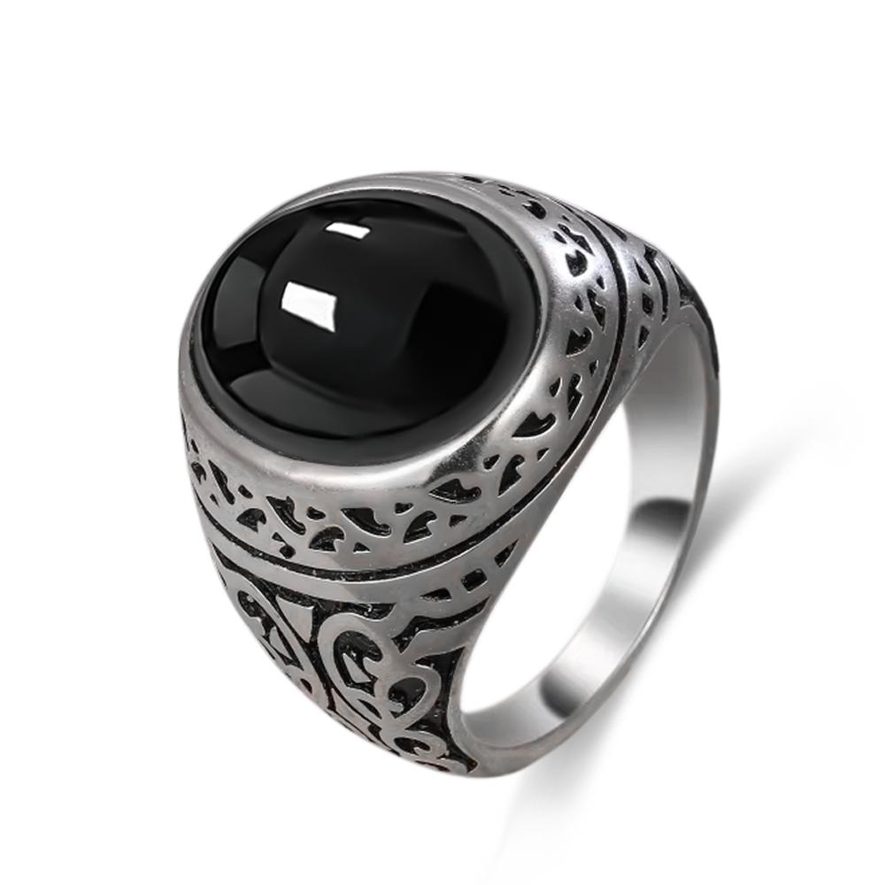 Rings Silver Men's Vintage 925 Sterling Silver with Oval Natural Balck Onyx Stone 10*14MM Large Stone Rings Fine Jewelry for Men