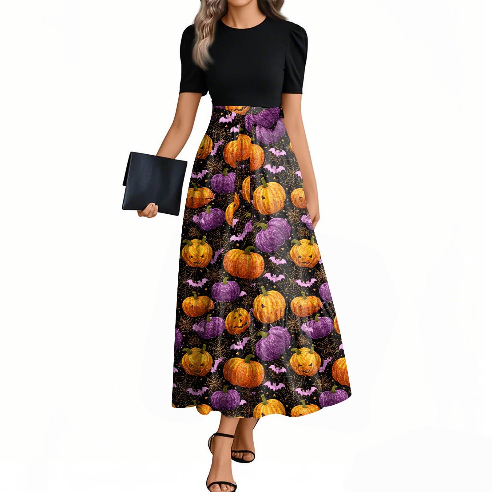 

Женское модное повседневное платье с поясом, с коротким рукавом, круглым вырезом и элегантным принтом на Хэллоуин XL