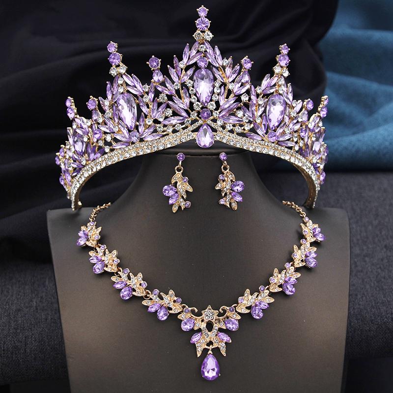 3 Pcs Set Purple Tiaras and Crowns Costume Jewelry Set for Bridal Crown Jewelry Sets Women Party Wedding Crown Necklace Set