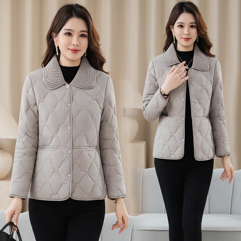 Solid Color Lapel Middle-aged Padded Jacket Down Padded Jacket Women's Autumn and Winter Ladies Lightweight Small Padded Jacket Short Commuter