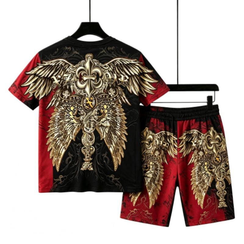 European and American Street Men's Short Sleeved T-shirt Shorts Set 3D Angel Wings Skull Print Men's and Women's Loose Casual Sports Suit