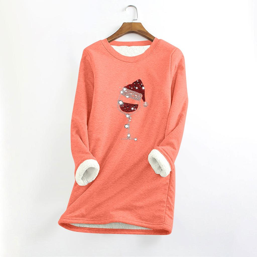 Top longo feminino com decote redondo e manga comprida, estampa de natal, grosso, pelúcia, cashmere, quente