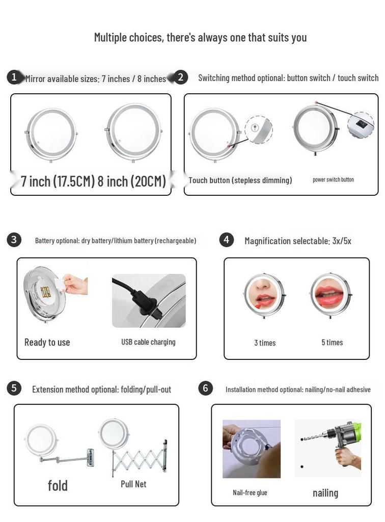 Double-Sided LED Wall-Mount Vanity Mirror with Magnification and Light