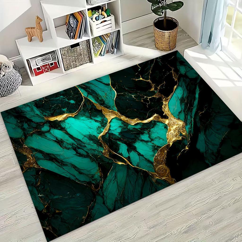 2026 Luxurious Marble Black Green Gold Colorful Stone Texture Rug for Bedroom Living Room Sofa Home Doormat Decor,Non-slip Mat