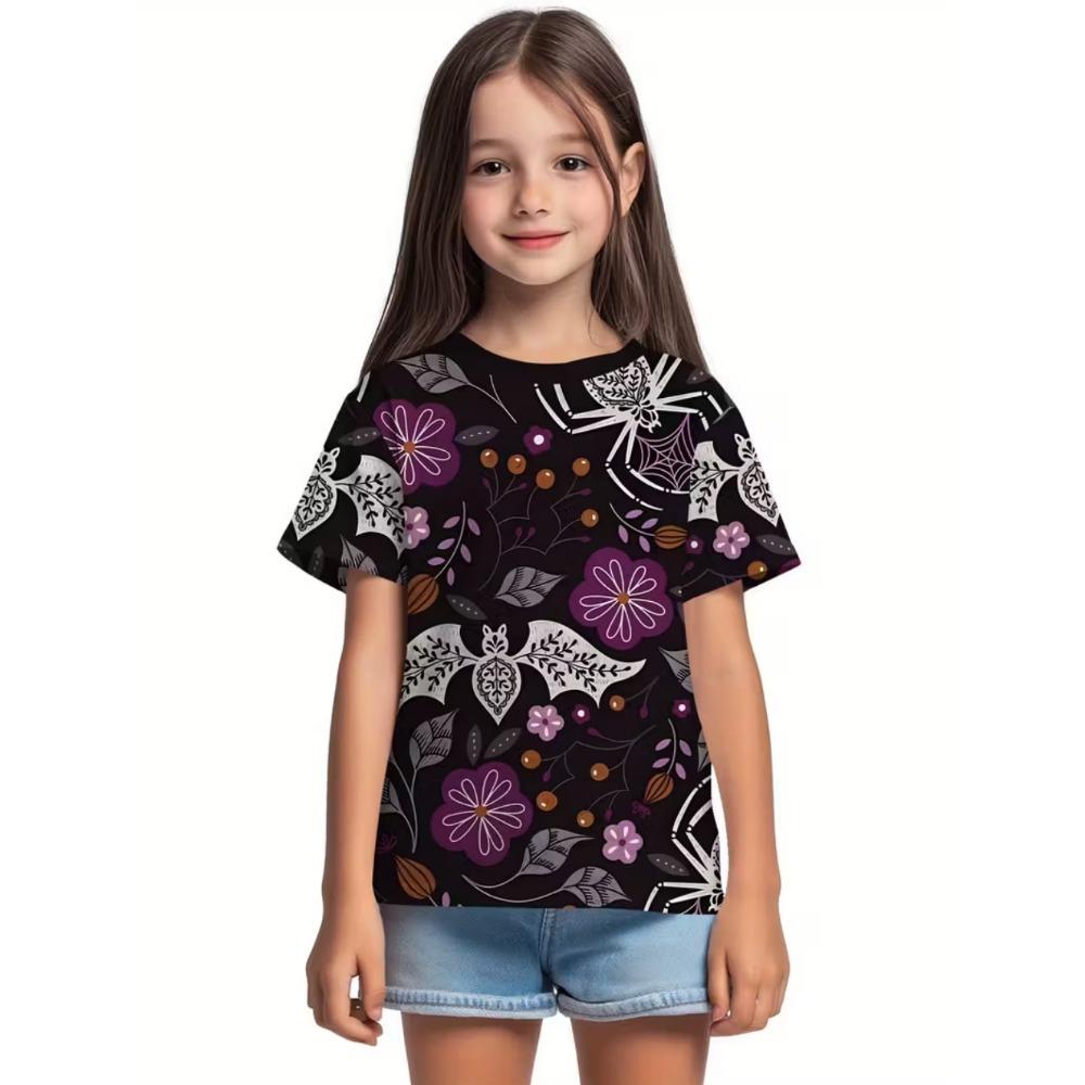 Girl's T-shirt Halloween Cartoon Pumpkin Print Round Neck Short Sleeved Top Fashionable Girl's Clothing Holiday Children's Clothing