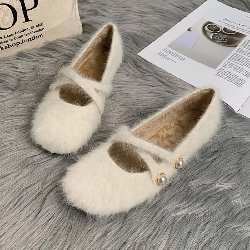 New Style Elegant Buckle Strap Fur Mary Jane Shoes Woman Cosy Soft Fluffy Ballet Flat Ladies Plush Shallow Loafers Concise Dress