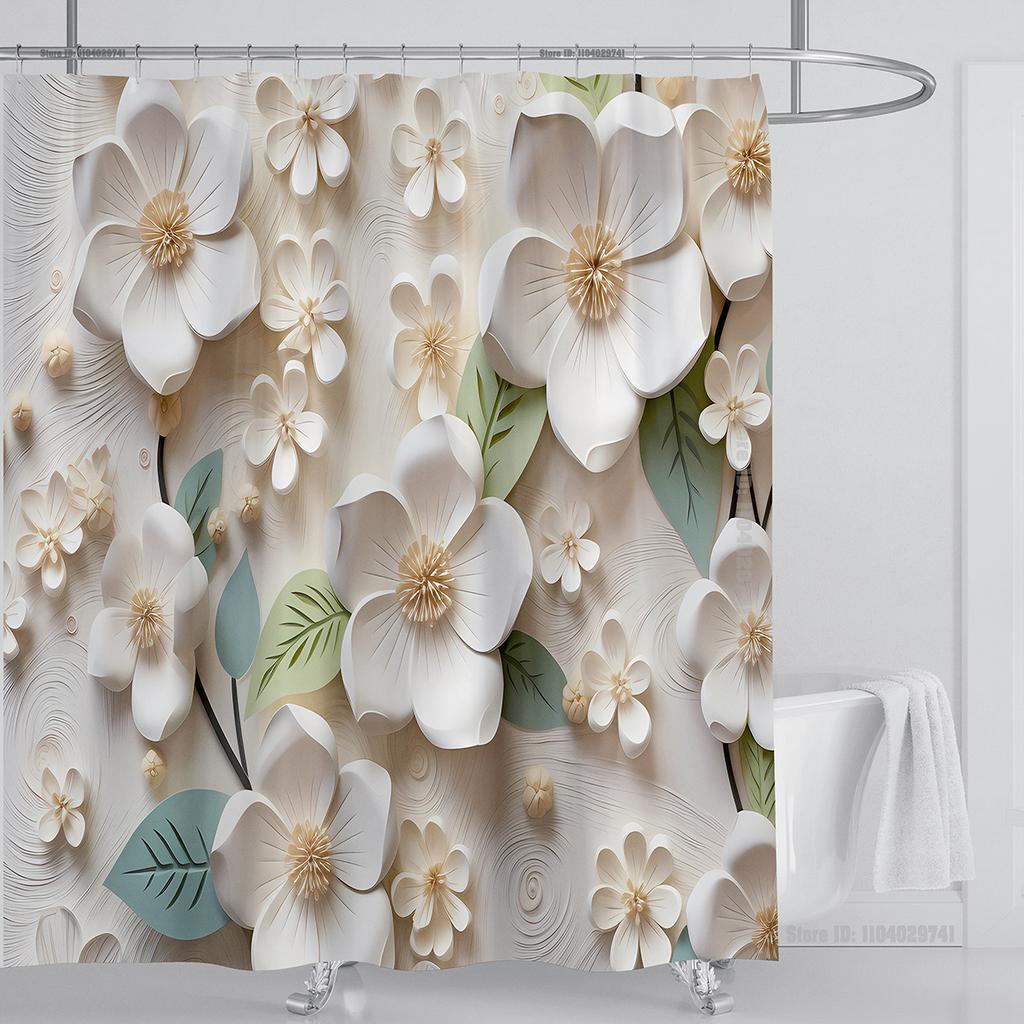 3D Floral Shower Curtain Set Orange Flower Design Fabric Bathroom Decor Waterproof Washable Shower Curtain Set with Hooks