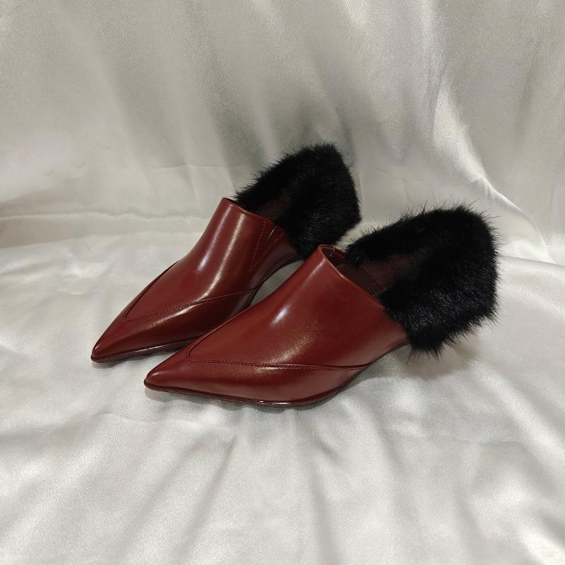 Fashion Women's Thin Heel Cotton Shoes Winter New Pointed-head Deep Mouth Slip-on Thick Warm High Heel Low Top Shoes