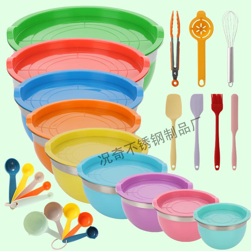 American-Style Silicone-Lidded Salad Bowl Set - Stainless Steel, Multi-purpose for Cooking, Baking, and Egg Beating.