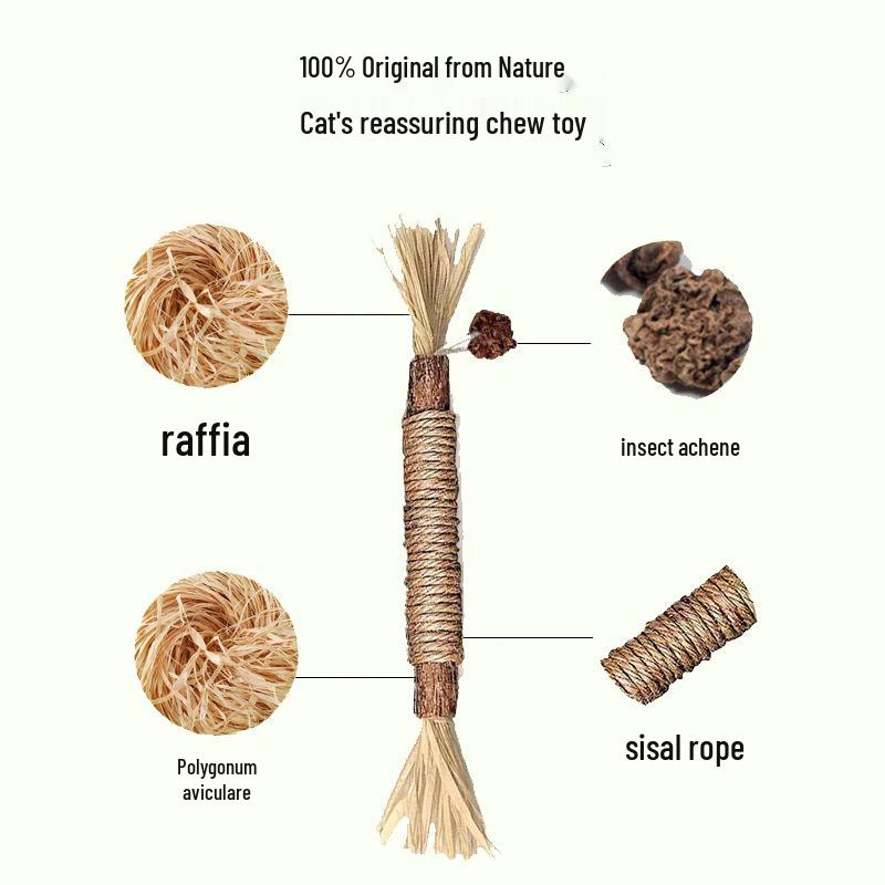 Natural Wood Catnip Toy with Gall Nut and Raffia Sisal for Teeth Cleaning and Teasing