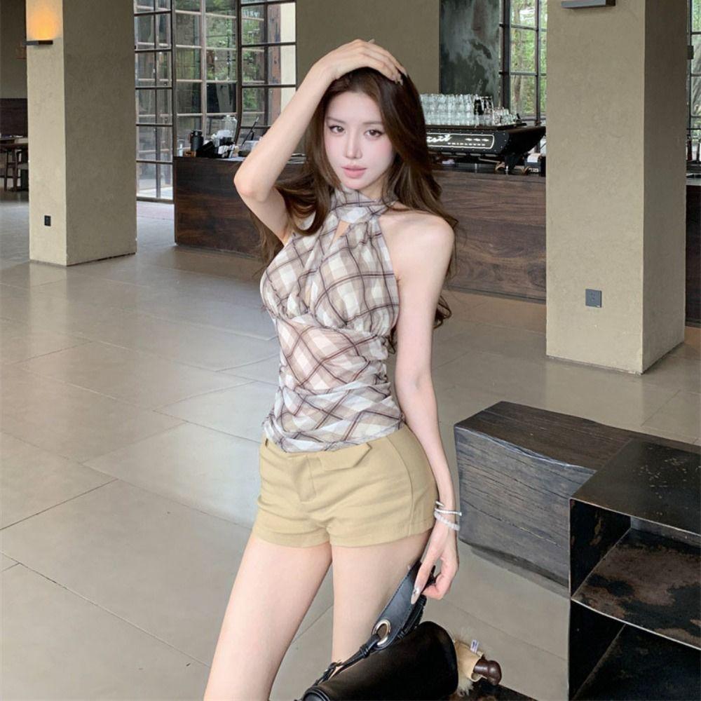 Pleated Halter Sleeveless Camisole Lace Up Suspender Vest Fashion Slim Crop Tops  Spring Summer