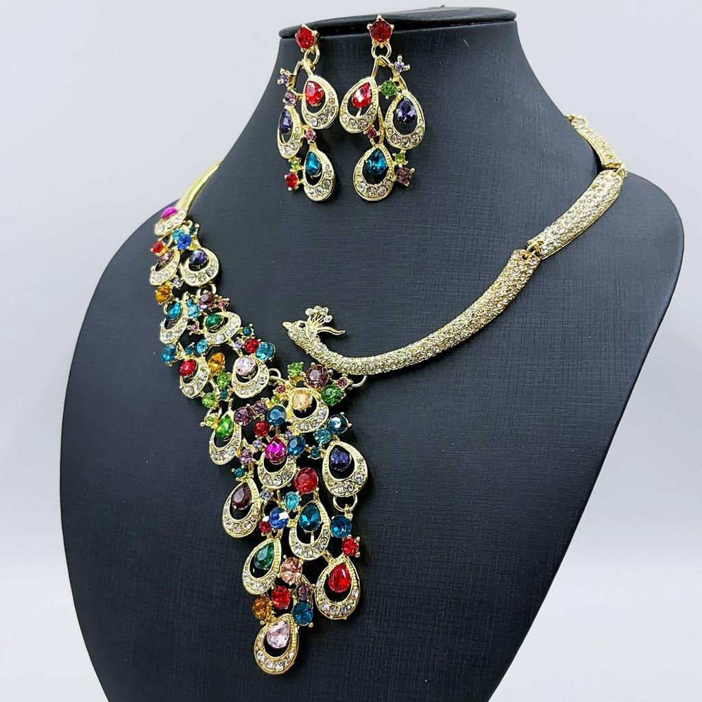 Colored Gemstone Peacock Necklace And Earrings Set - Bridal Accessories