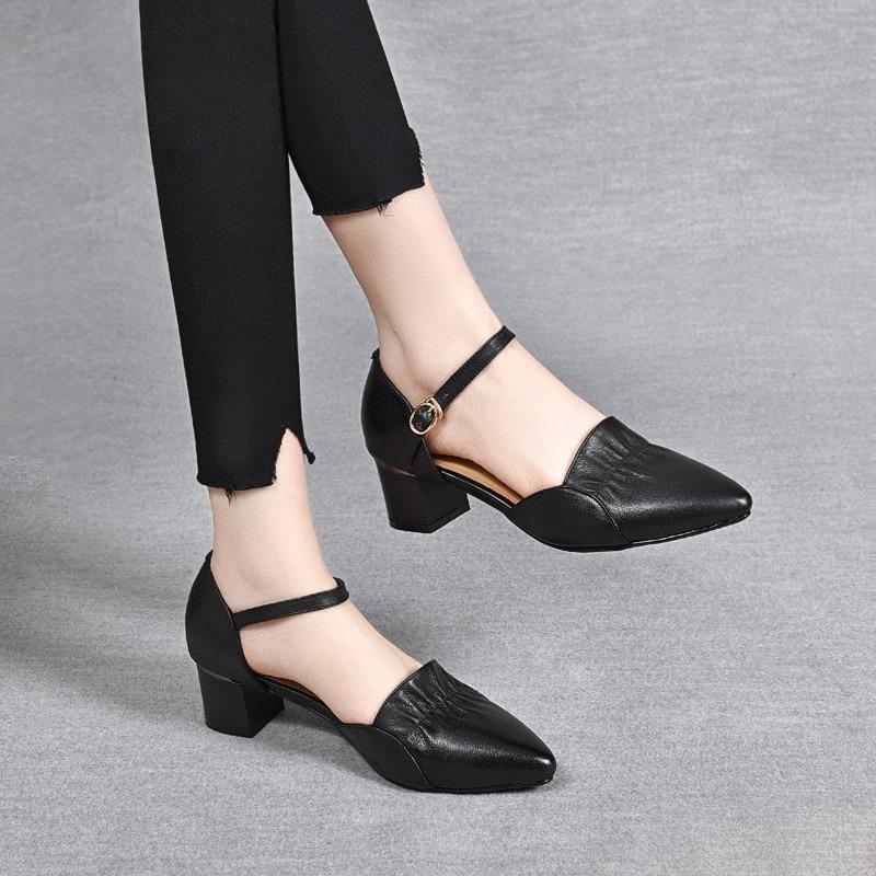 Hollow sandals 2025 summer new ruffle edge pointed head with thick heel middle heel first layer cowhide women's sandals