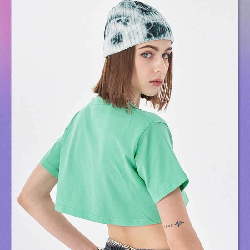 Top corto, maglietta corta bianca da donna, estate, versione coreana a maniche corte, tinta unita, per studenti, a vita alta, con ombelico che perde, ampia e versatile.