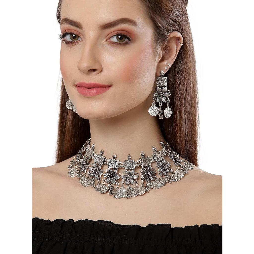 Fashion Latest Stylish Traditional Oxidised Silver Necklace Jewellery Set for Women